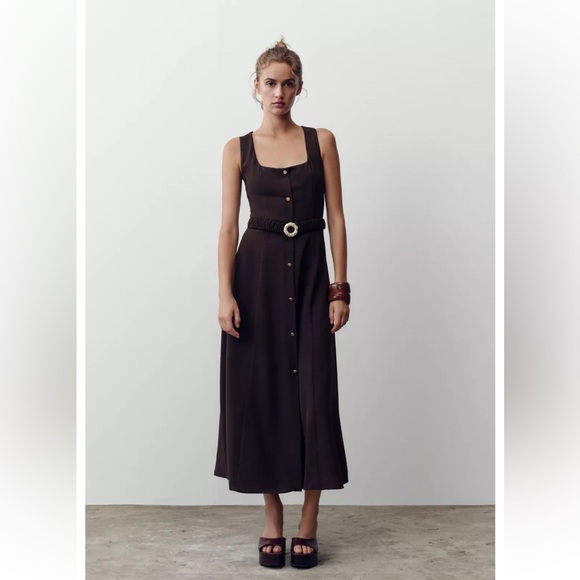 Zara Dresses & Skirts - Zara Dark Brown Button-Down Midi Dress